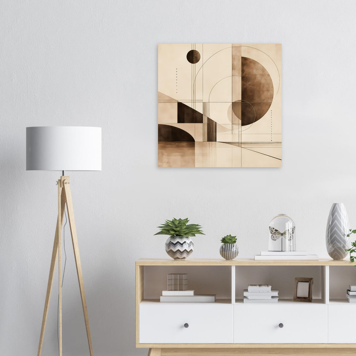 Abstrakter Kunstdruck im Sepia-Stil mit geometrischen Formen und Linien, quadratisch