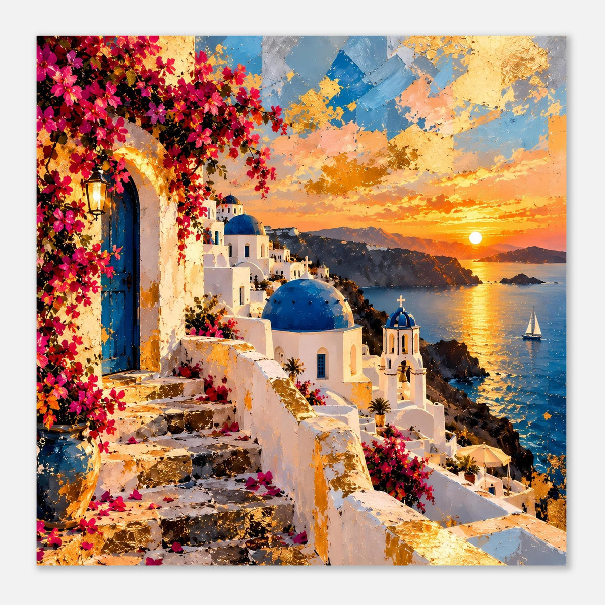 Poster Santorini: Küstenweg, weiße Häuser, blaue Kuppeln und Abendsonne über dem Meer