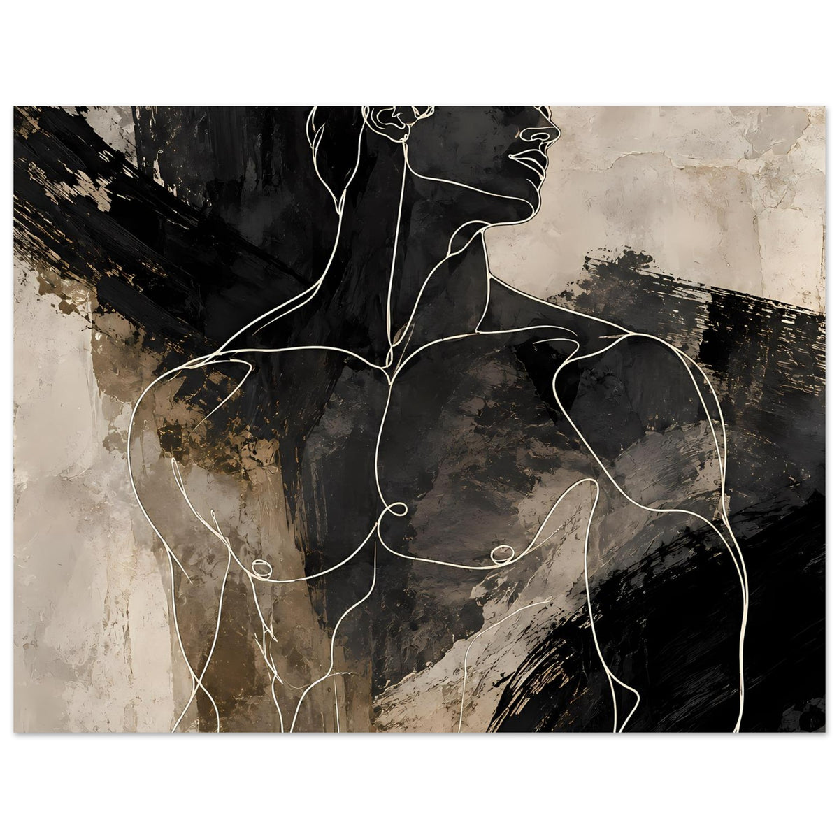 Horizontales Poster mit abstrakter männlicher Silhouette, Konturlinien in Schwarz auf Beige