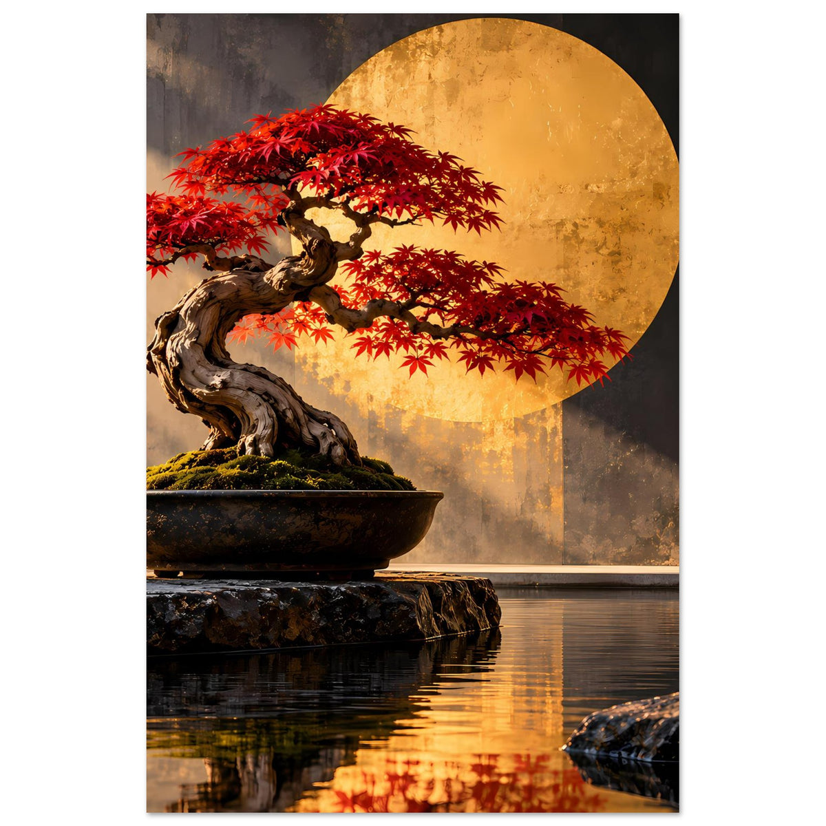 Bonsai-Poster (hochkant): roter Ahorn, gedrehter Stamm und dunkle Schale