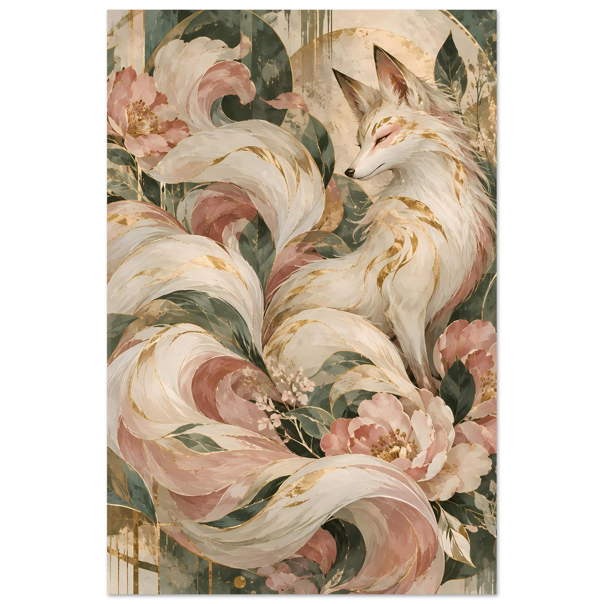 Vertikales Poster mit Fuchsmotiv in Rosé-, Grün- und Goldtönen
