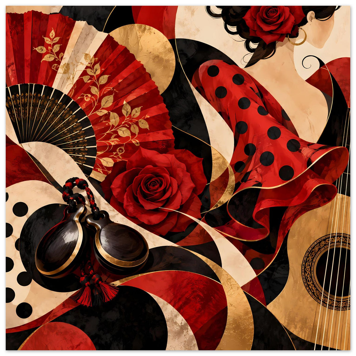 Flamenco-Poster: roter Fächer, Rose, gepunkteter Rock, Gitarrenrand rechts