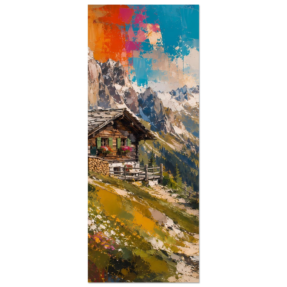 Wandposter im Hochformat: Hütte, Wiese und Berge mit abstrakten Farbflecken am Himmel