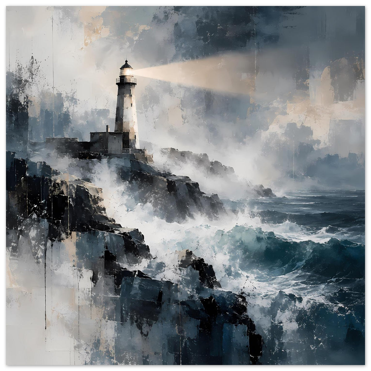 Maritimes Poster mit Leuchtturm auf Klippen und aufgewühltem Meer in Blau-Grau