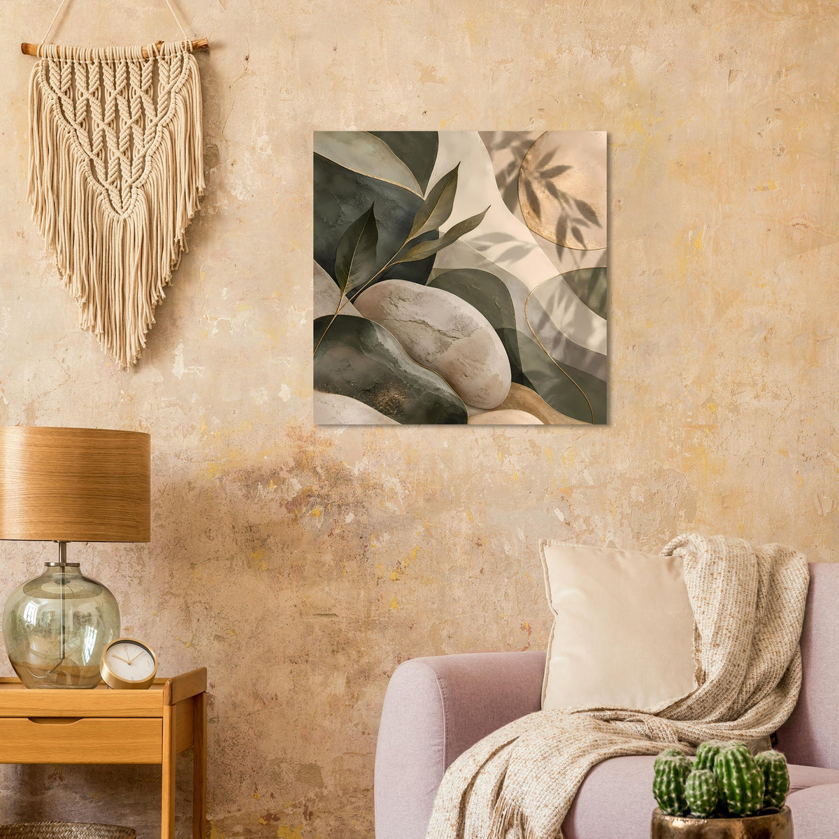 Quadratisches Poster mit abstrakten Blättern und Steinen in Grün, Beige, Grau