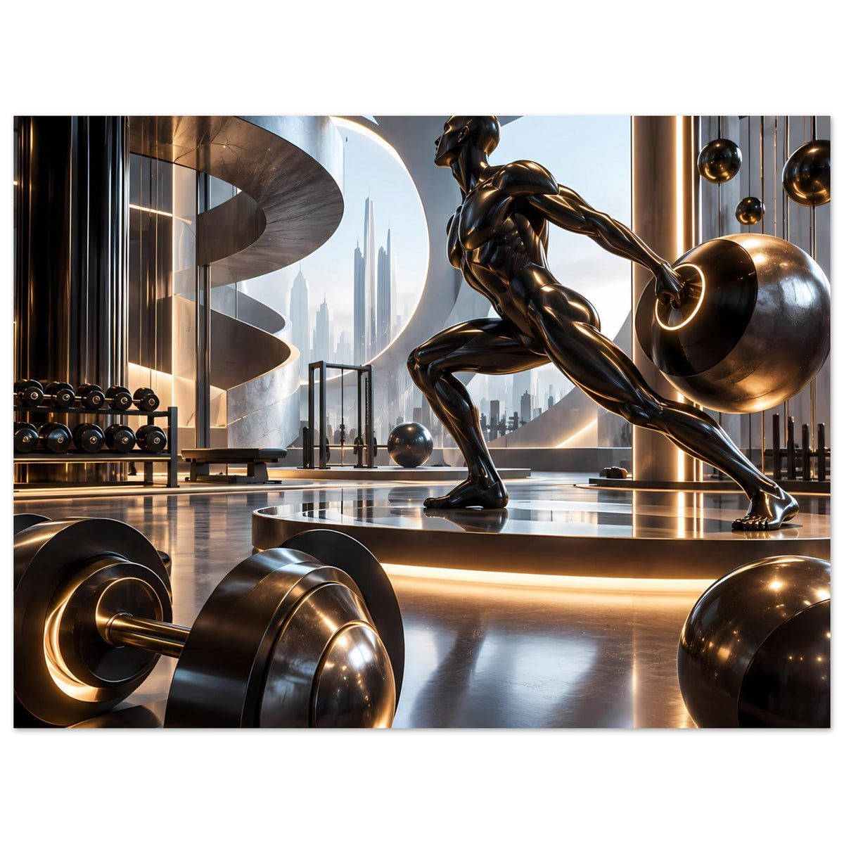 Fitness-Poster, breiter Blick: Bronze-Sportlerin, Hantelbank und beleuchtete Geräte
