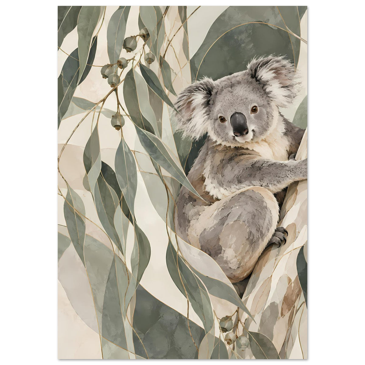 Koala-Tierposter mit grauem Koala, beige-grauen Blättern und grünen Pflanzenzweigen