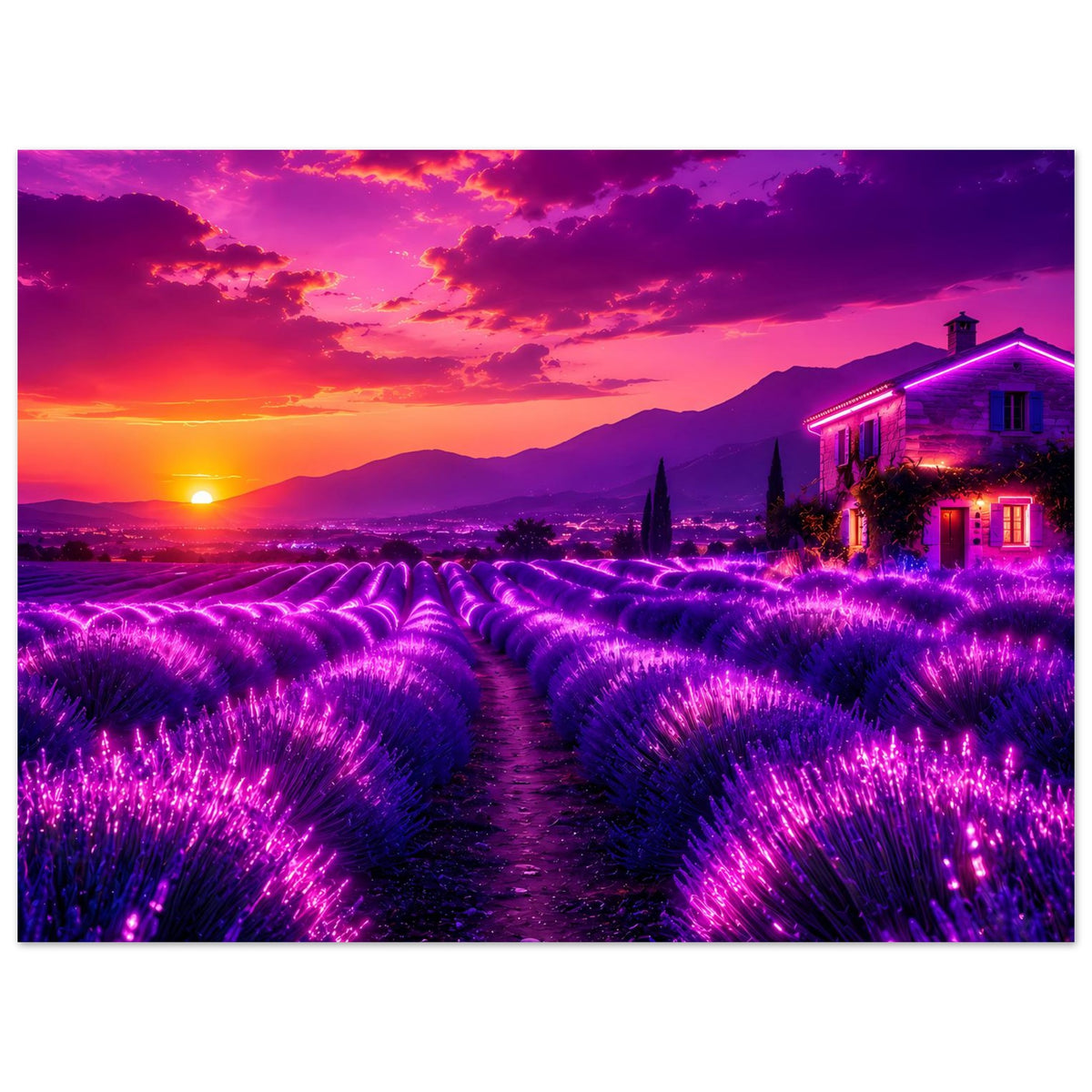 Premium-Poster mit Lavendelfeld, Sonnenuntergang und Haus, breiter Bildausschnitt, Querformat