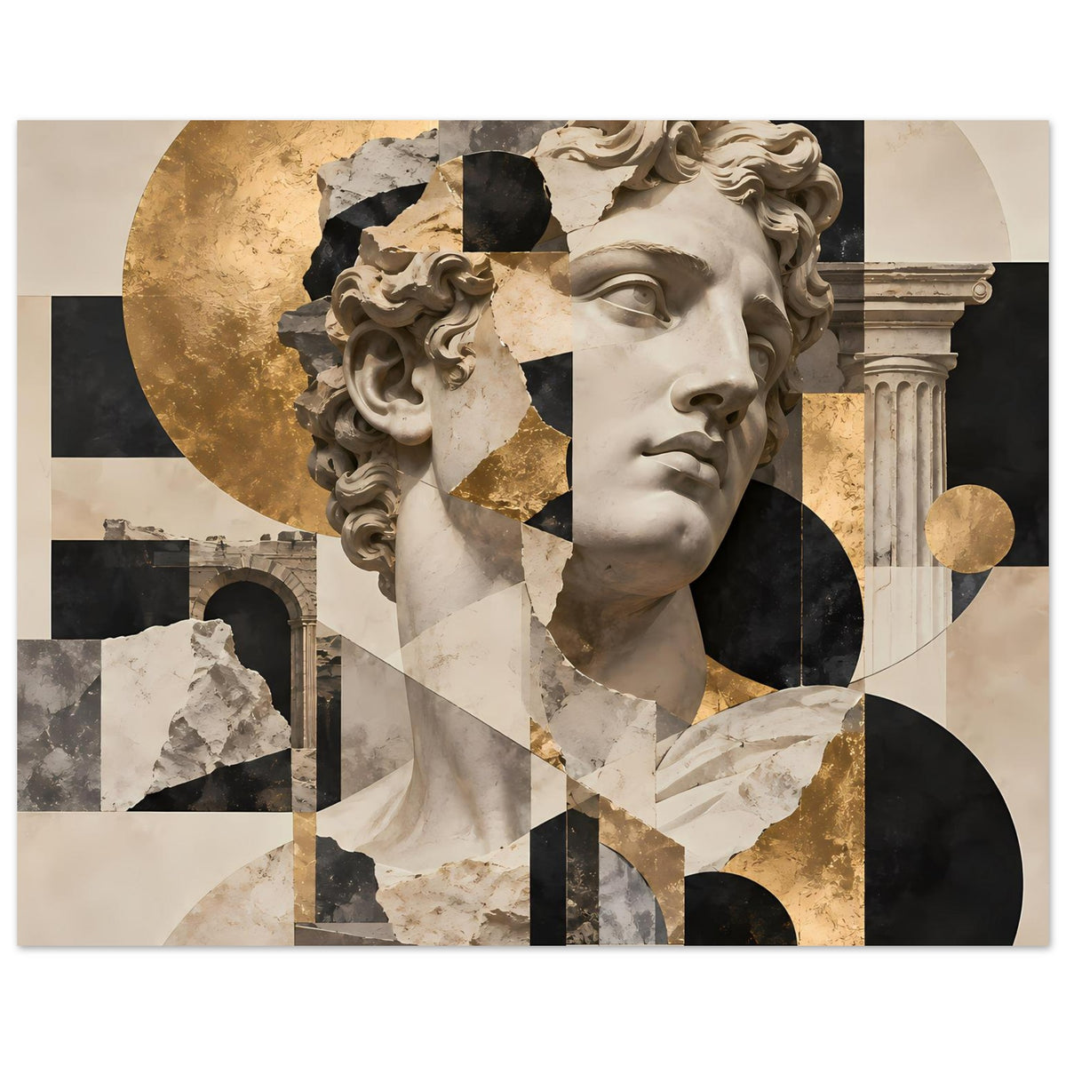 Kunstposter mit Gesicht einer klassizistischen Büste, Patchwork-Formen und Goldtönen