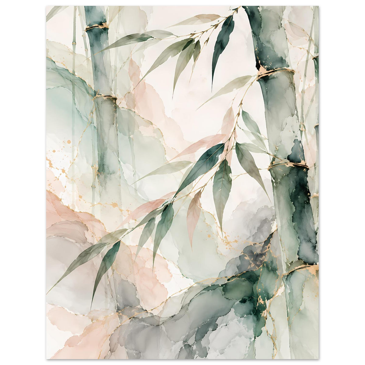 Naturposter mit Aquarell-Bambus und Blättern, Farbflächen in Grün, Beige und zarten Grautönen