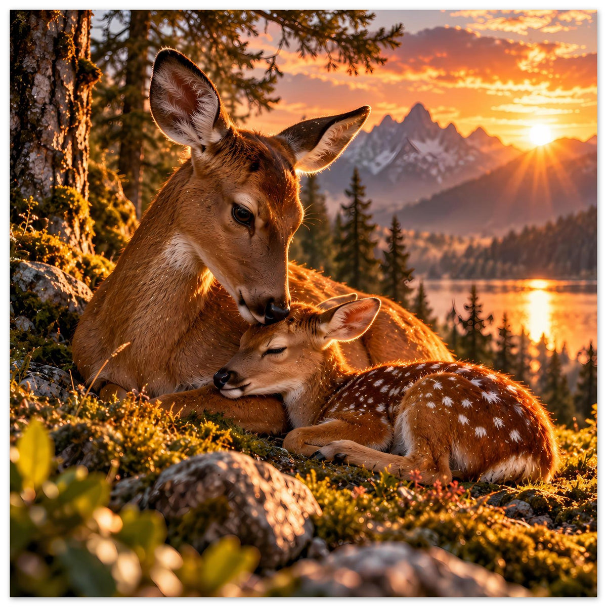 Poster mit Hirschpaar im Sonnenuntergang: Hirsch mit Jungtier auf Wiese