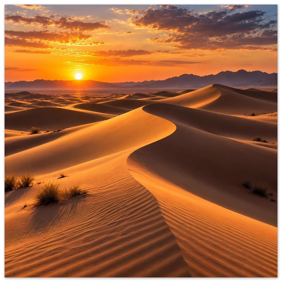 Poster mit Sanddünen und Sonnenuntergang, warme Orange- und Gelbtöne