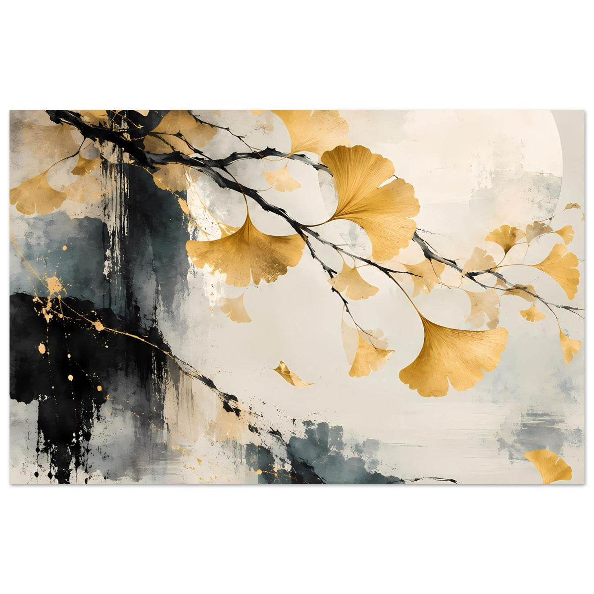 Kunst-Poster mit goldenem Ginkgoblatt, schwarzen Zweigen und Aquarell-Hintergrund, querformatig