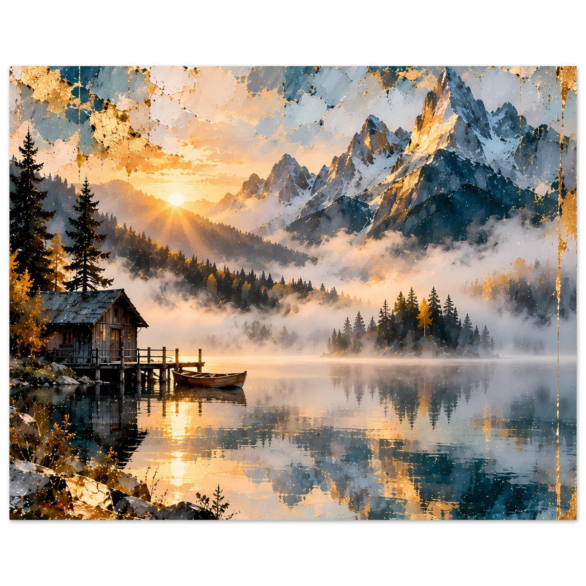 Poster Bergsee-Panorama: Berggipfel, Fichten, Nebelschwaden und ruhige Seeoberfläche