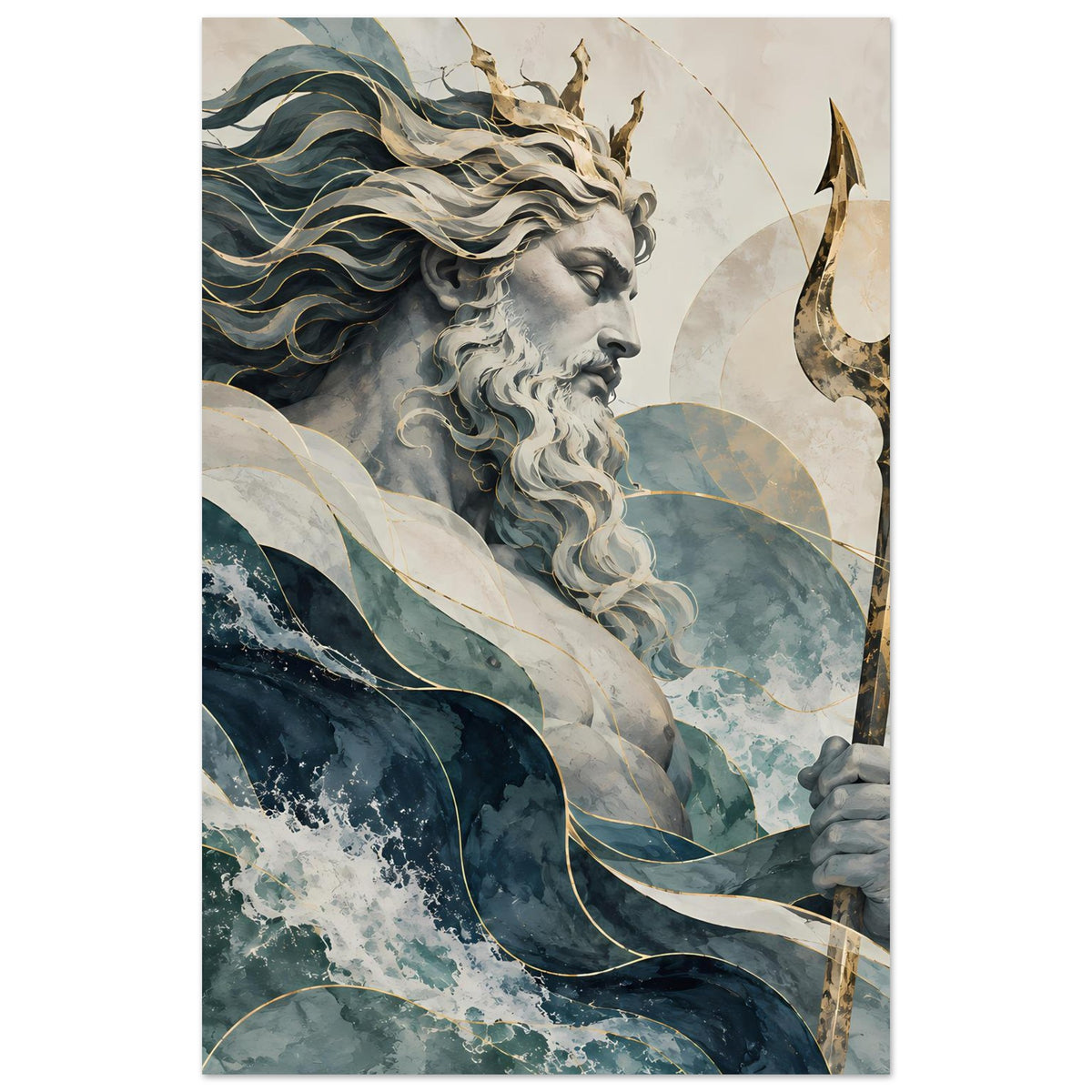 Wandkunst-Poster, Poseidon-Profil mit langem Bart und Dreizack, umgeben von Wellen