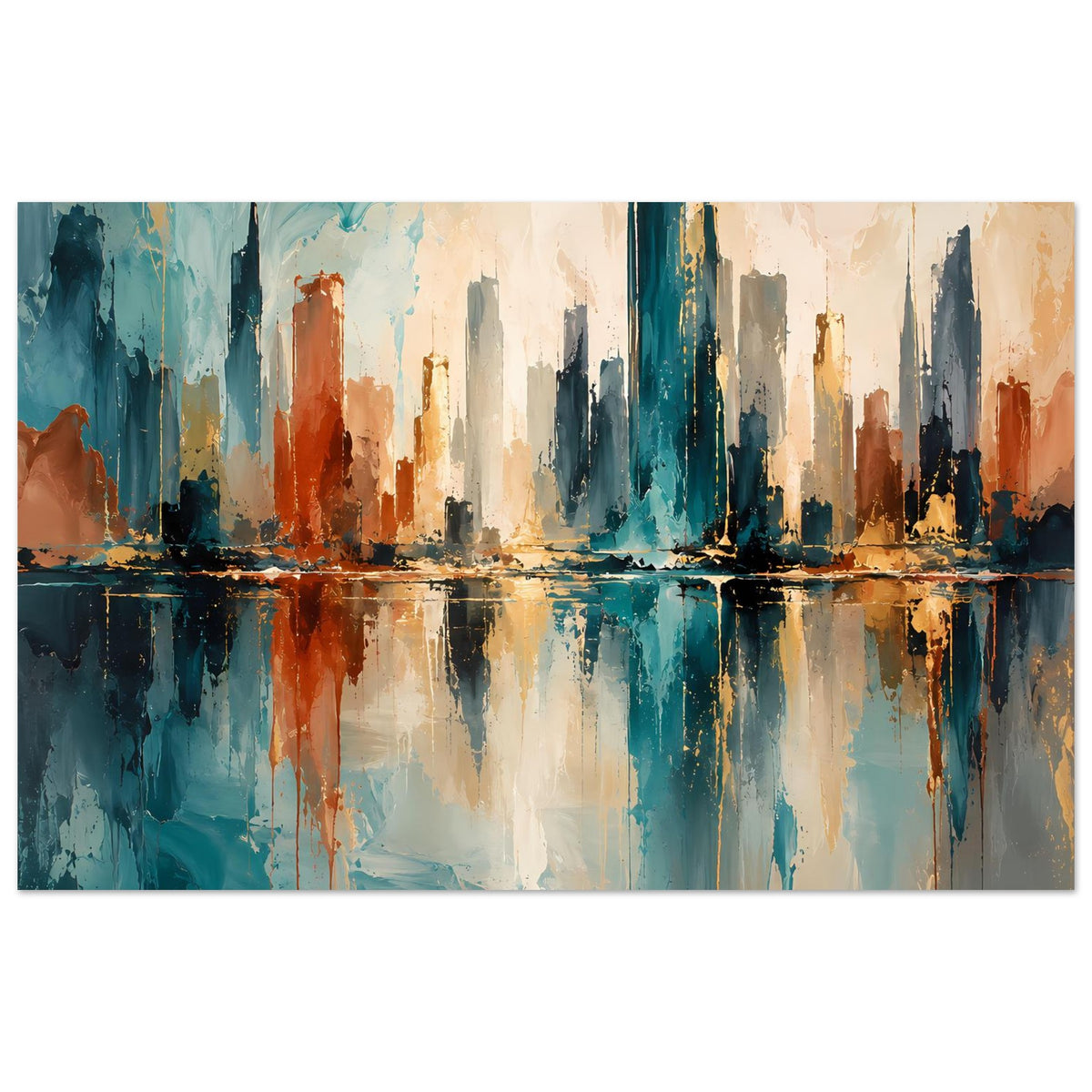 Skyline-Poster im Querformat-Schnitt, Spiegelung im Wasser, Blau, Gold und Rosttöne