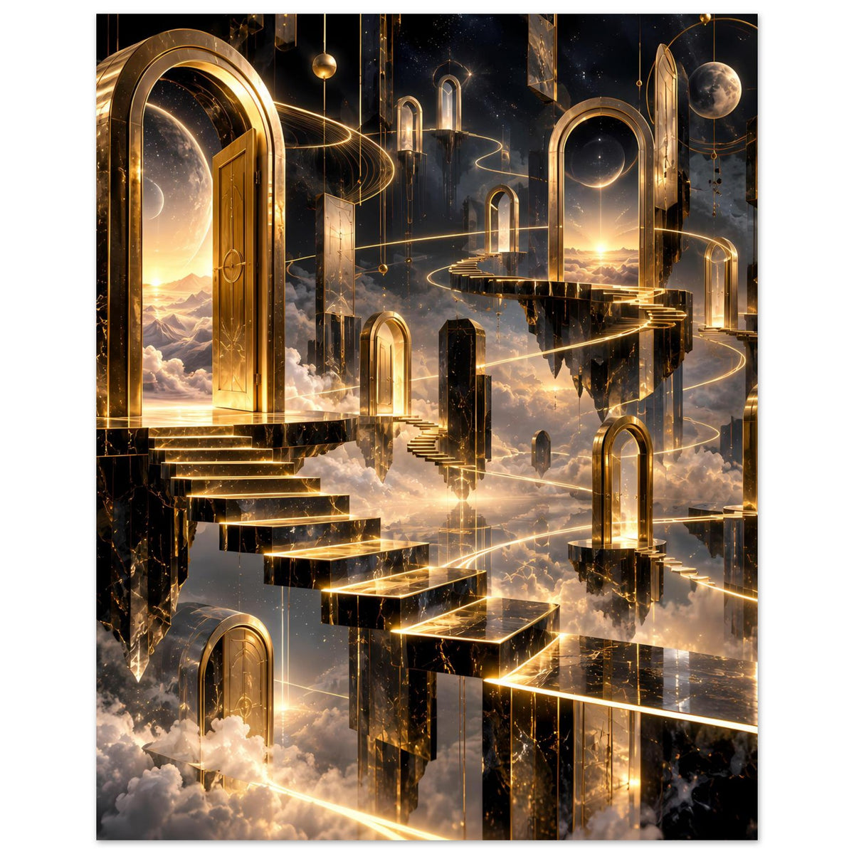 Premium-Poster (Hochformat) mit goldenem Torbogen, Treppe und leuchtenden Linien