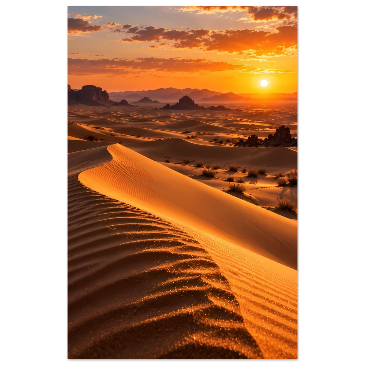 Hochformatiges Poster mit Wüstendünen, Felsen im Hintergrund und Sonnenuntergang