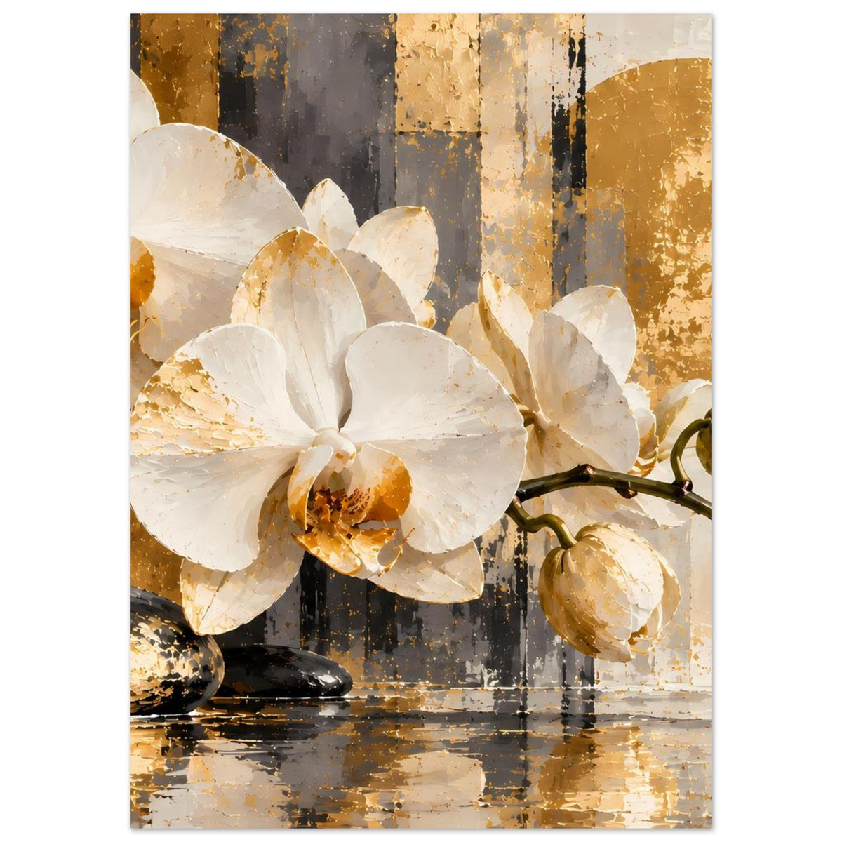 Orchideen-Poster: große weiße Blüten mit goldfarbenen Zentren und floralen Stein-Details