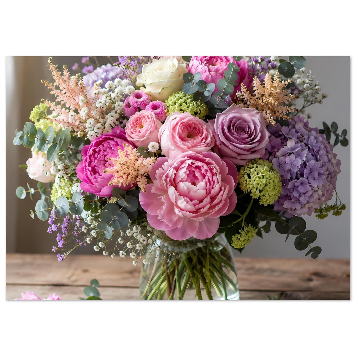 Blumenposter mit buntem Rosenstrauß in Glasevase, Pastellfarben