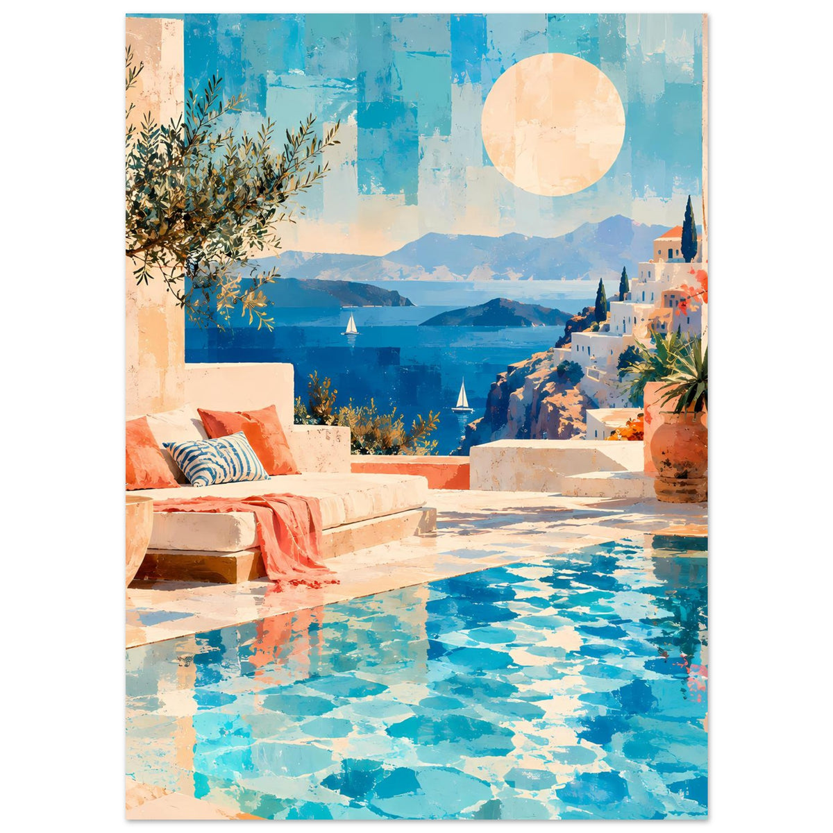 Kunstdruck: mediterrane Aussicht mit blauem Pool, Liegestühlen, Pflanzen und weißer Häuserzeile