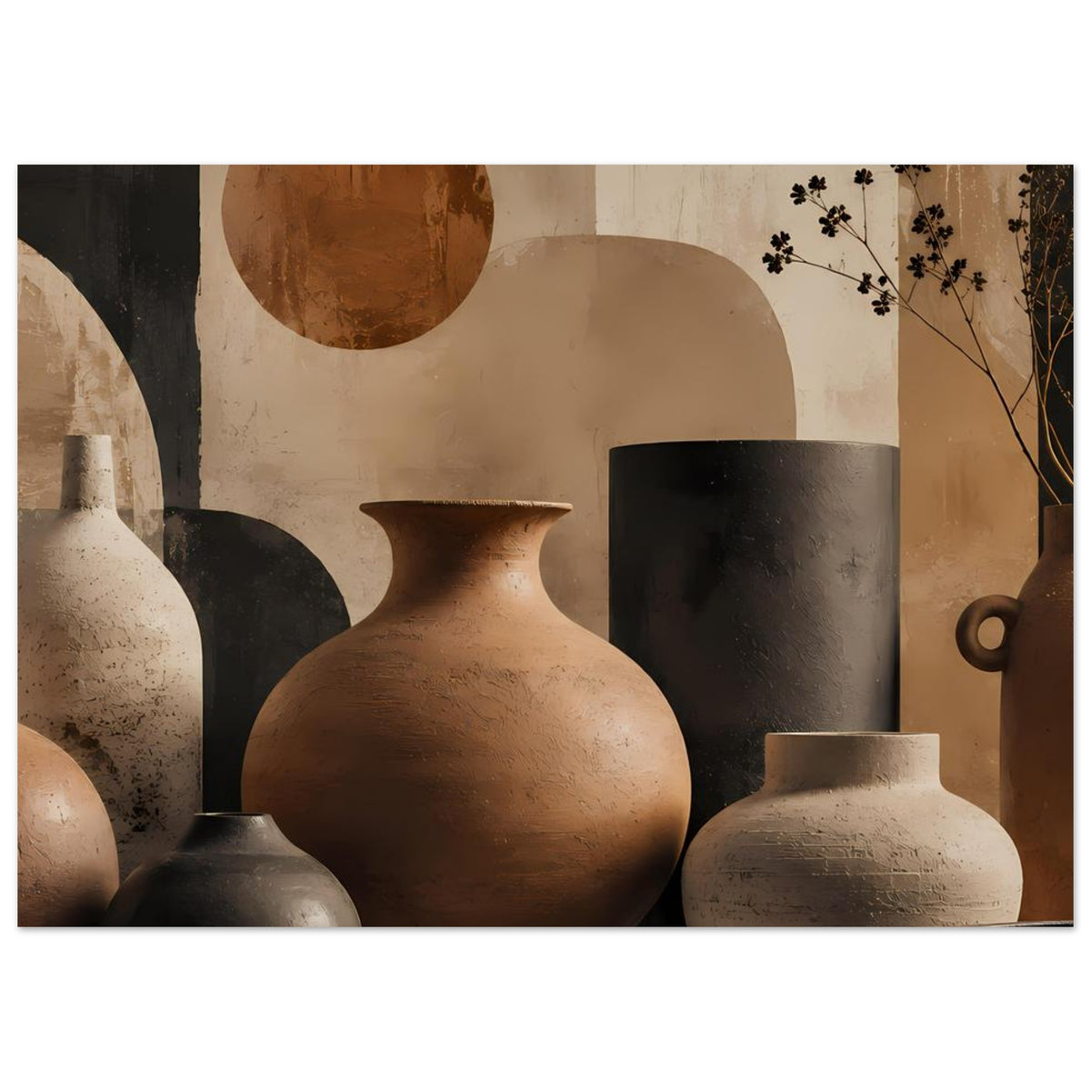 Poster mit Keramikvasen im Stillleben: zentrale Terrakotta-Vase, dunkles Zylindergefäß