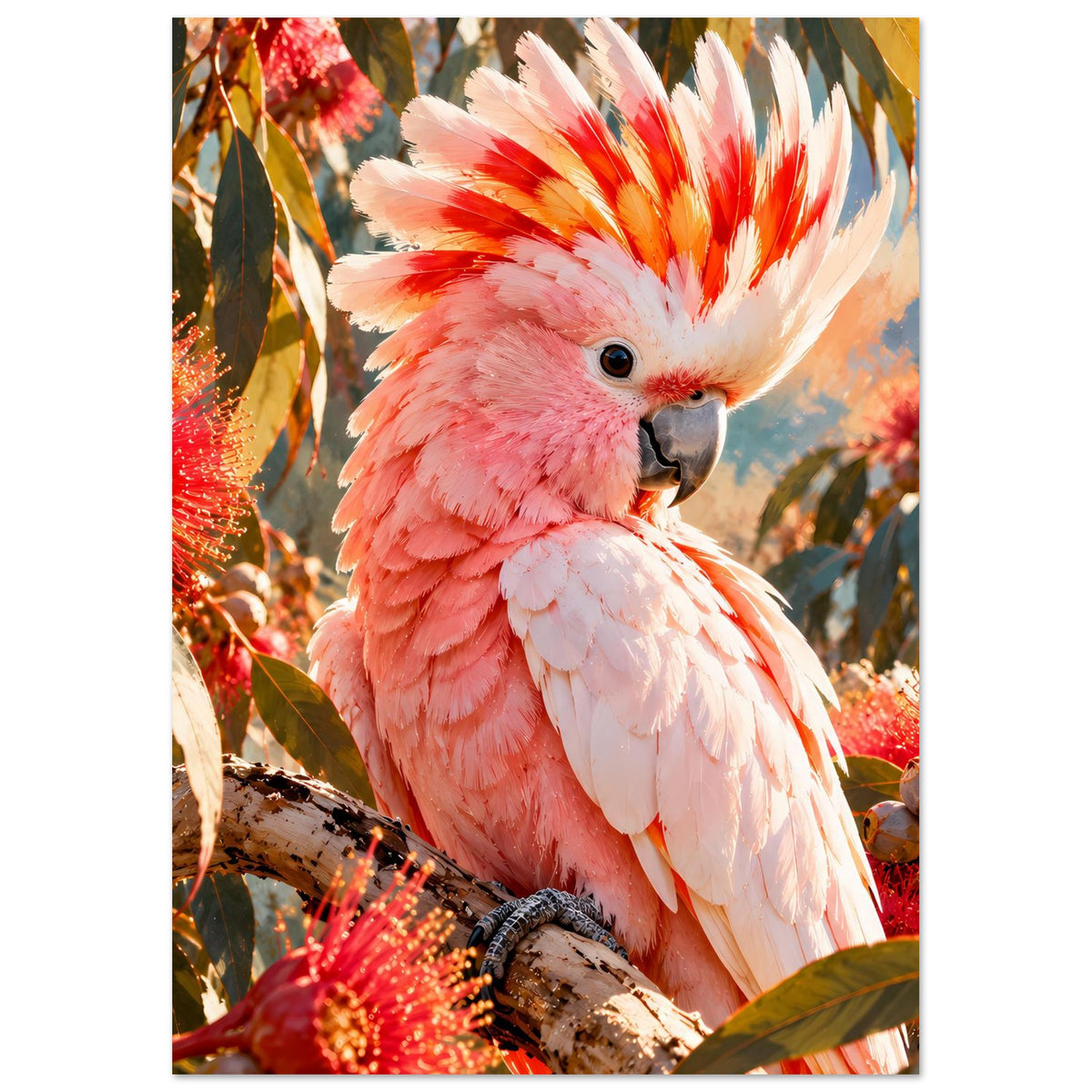 Poster mit rosa Kakadu auf Ast, weiße und rote Federn, Blätter und rote Blüten sichtbar