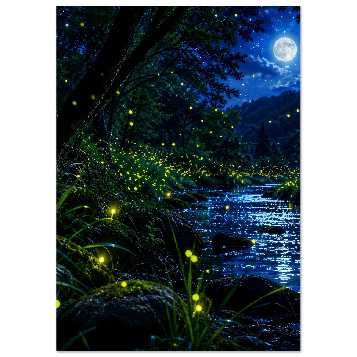 Wandposter, vertikal: Fluss im Wald unter Mondlicht mit schimmernden Glühwürmchen
