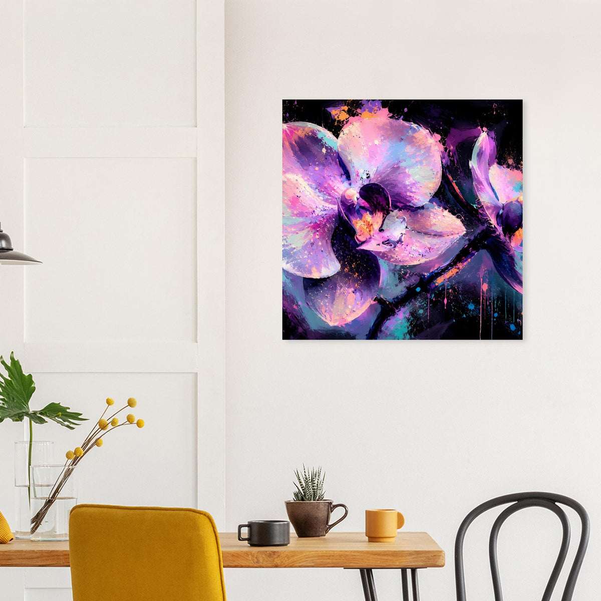 Gerahmtes Neon-Orchideenposter, violette und pinke Blüten mit leuchtendem Effekt.