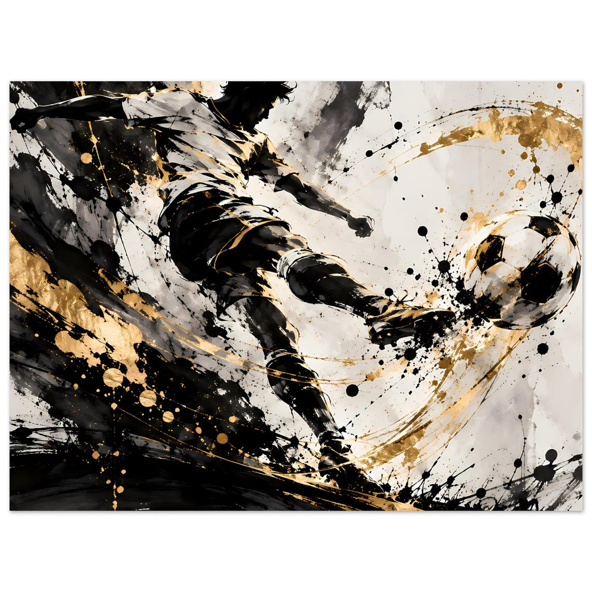 Querformat-Poster mit Fußballspieler im Schuss, Schwarz-Gold und Spritzdekor