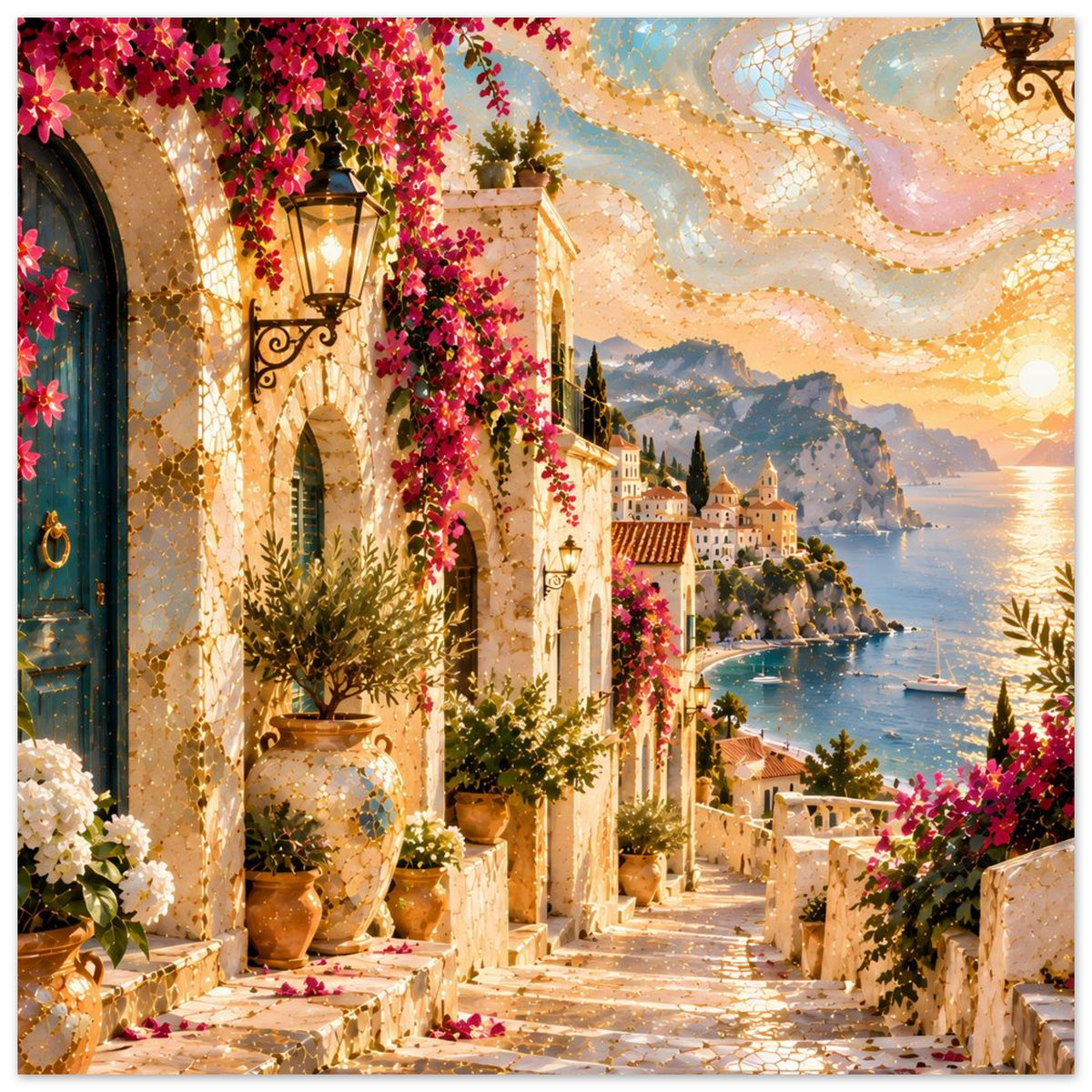 Poster mit mediterranem Blick: Blumenüberwucherte Gasse, Laterne, Berge im Hintergrund am Meer