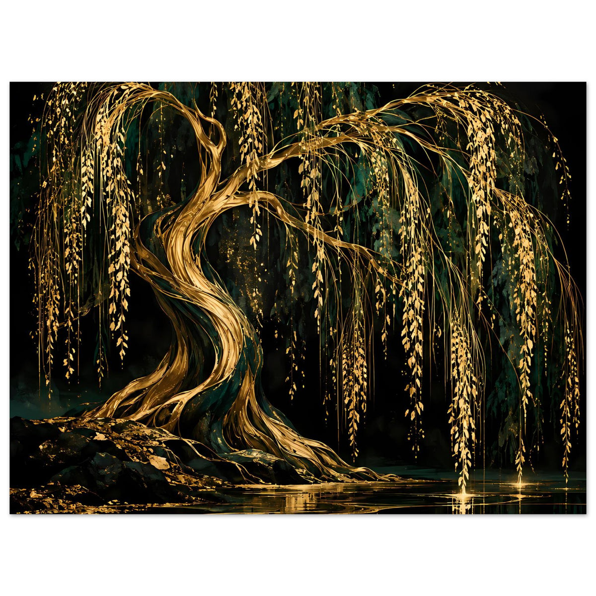 Wandposter mit herabhängenden goldenen Weidenzweigen und Reflexion auf dunkler Wasserfläche