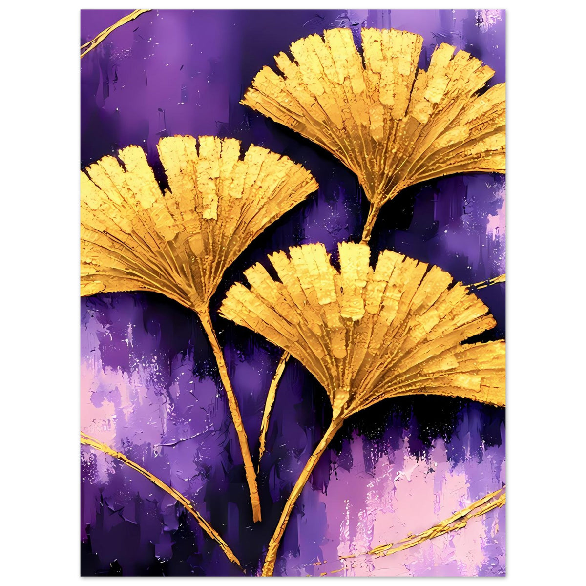 Ginkgo-Poster mit goldenen Blättern auf violettem Hintergrund, abstrakte Zweige