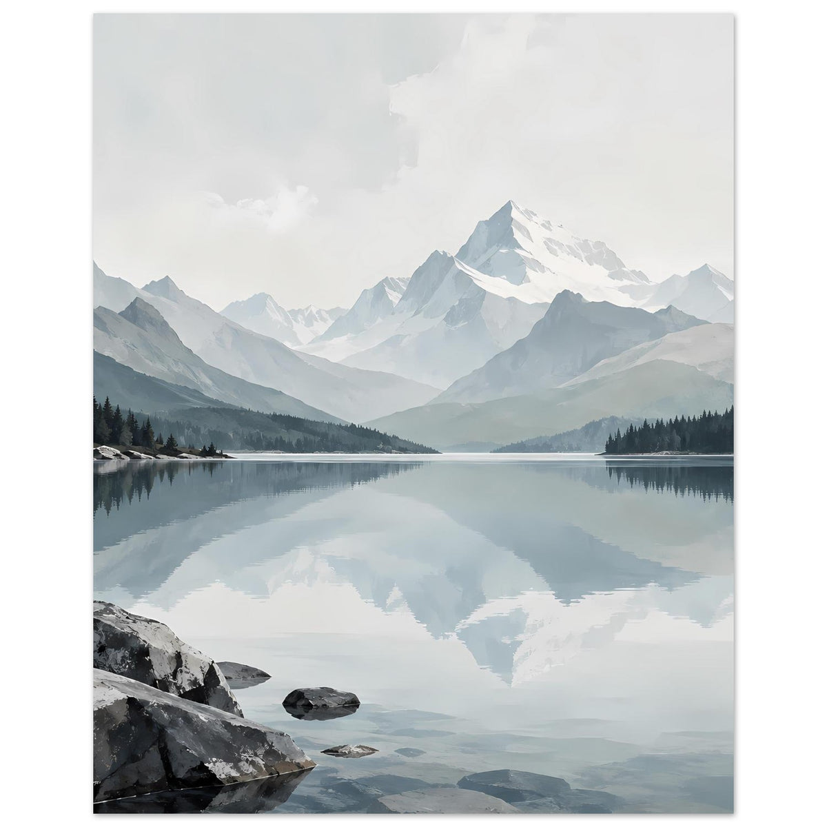 Kunstdruck im Hochformat: Bergsee mit Spiegelung, schneebedeckter Gipfel im Zentrum