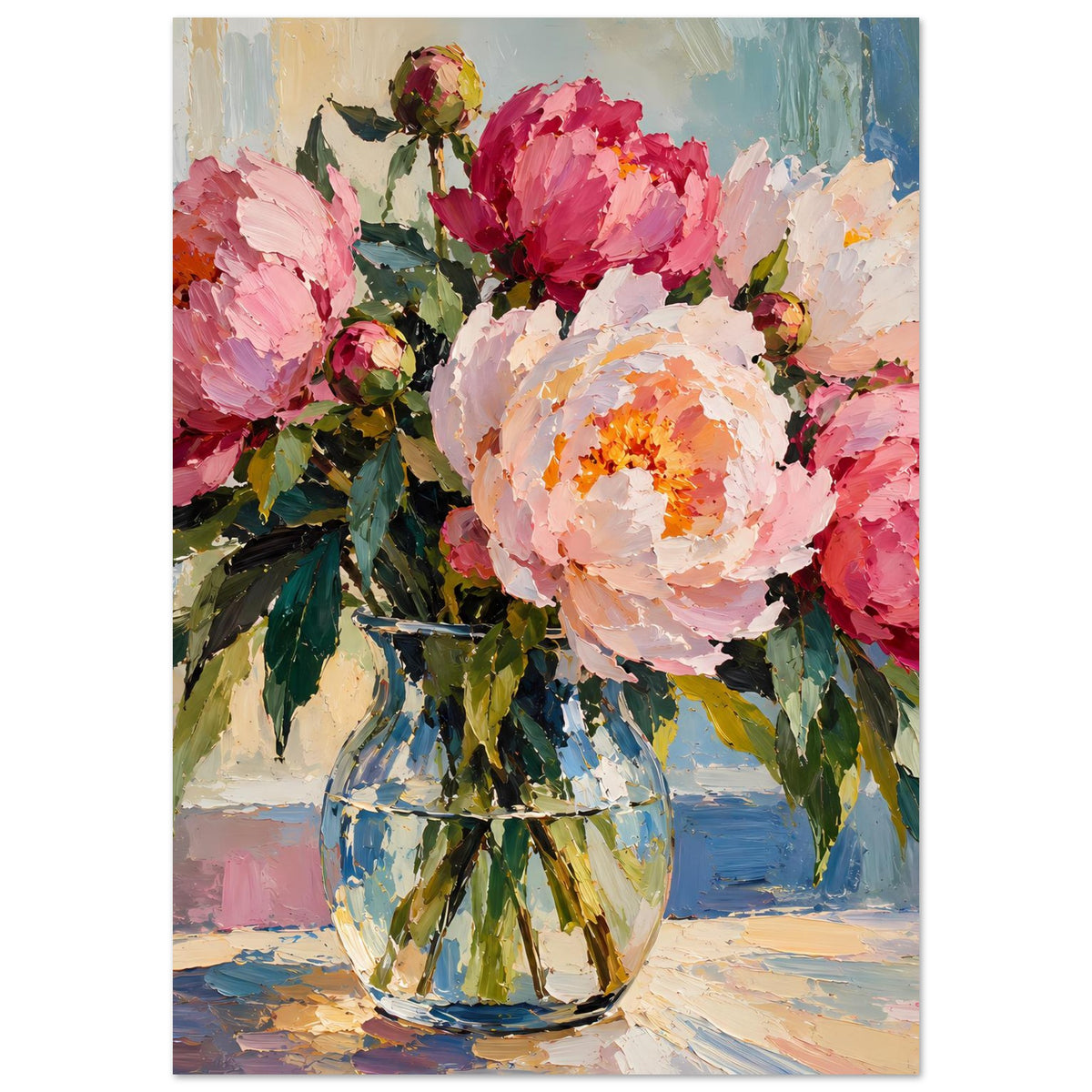 Blumenposter im Ölmalerei-Stil: Pfingstrosen in Vase, naher Fokus auf Blumen und Blätter, hochformat