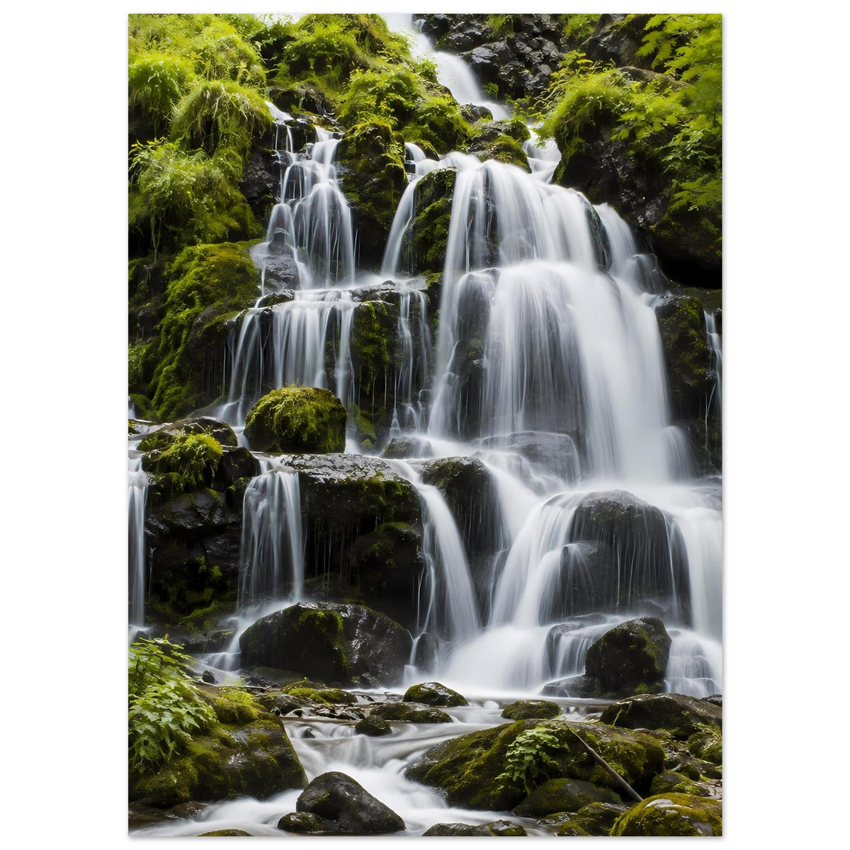 Wasserfall-Poster im Hochformat: klare Wasserläufe über grünen Moosfelsen