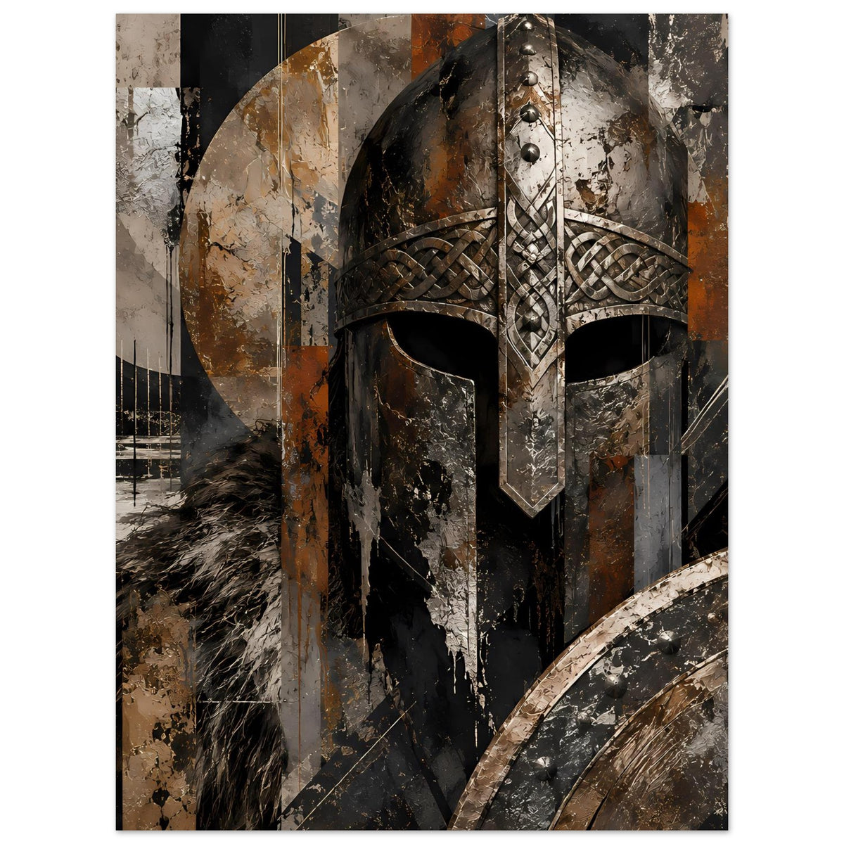 Wikinger-Krieger-Kunstposter mit Helm, keltischem Flechtmuster und Rüstung in Erdtönen