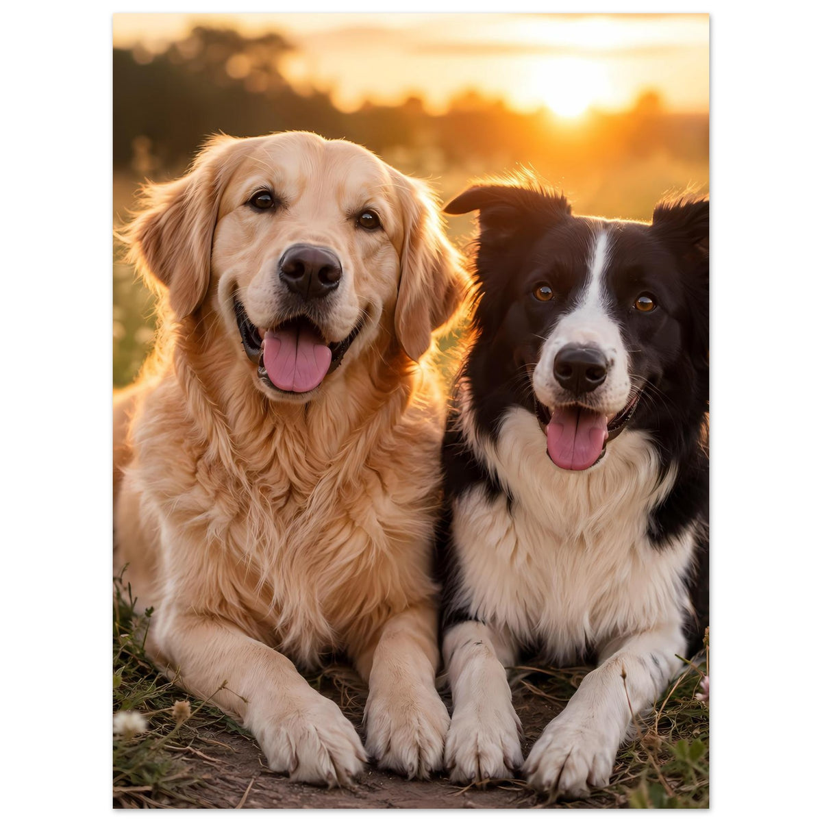 Poster mit zwei Hunden: golden und schwarz-weiß, sitzen nebeneinander mit offenem Maul