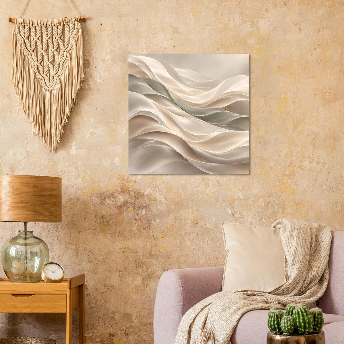 Quadratisches Kunstposter mit schimmernden Wellen in sanften Cremefarben