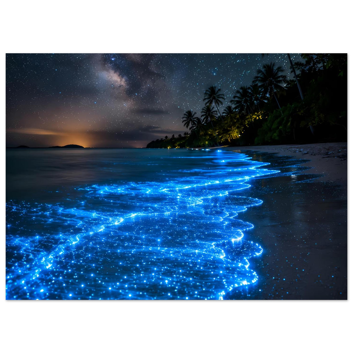 Meeresposter: blau glühende Biolumineszenz-Wellen am Strand, Sternenhimmel über dem Meer