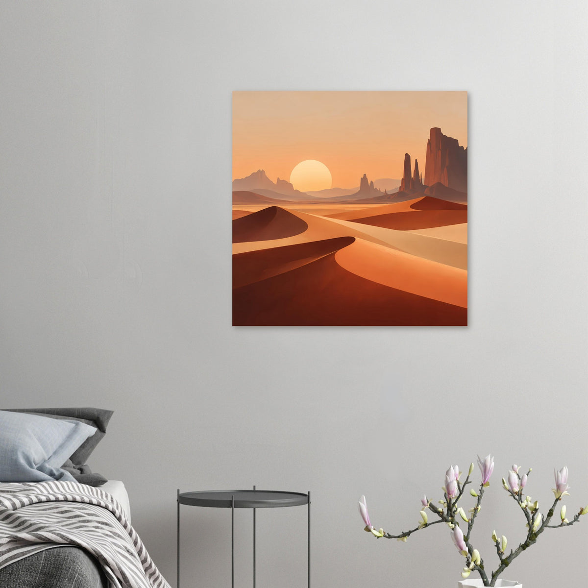 Quadratisches Poster mit Wüstenlandschaft in Orange und Sand, Sonne über den Dünen.