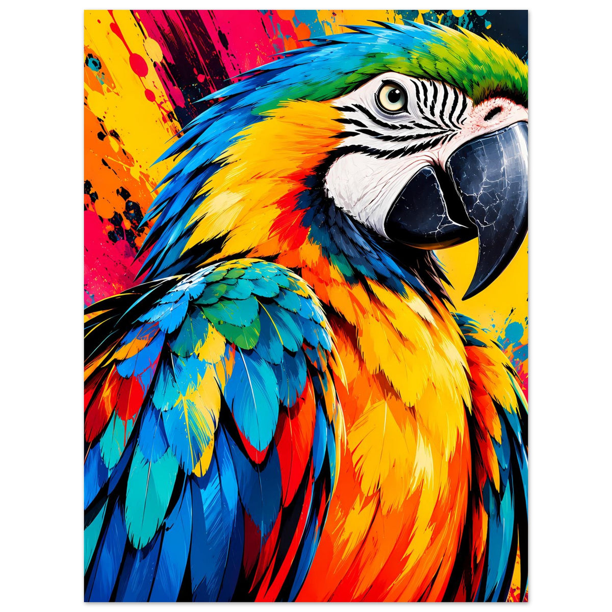 Kunstdruck-Poster Hochformat: Papagei mit farbigen Federn, markanter Blick