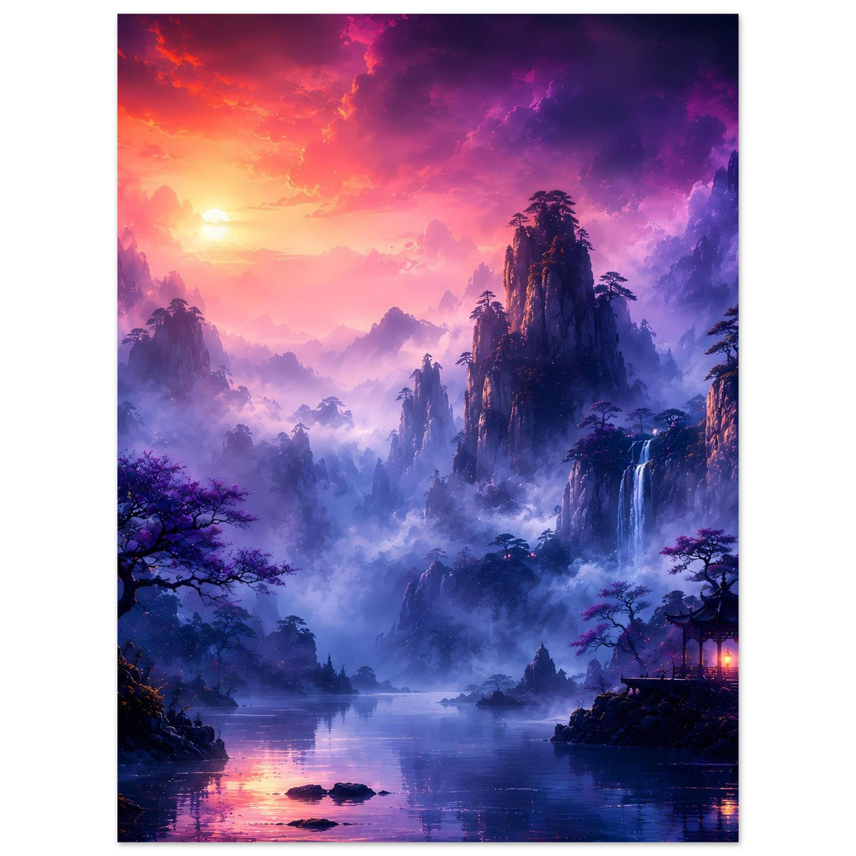 Fantasy-Poster mit Nebelgebirge in Violett, Wasserfall und Sonnenaufgang am Seeufer