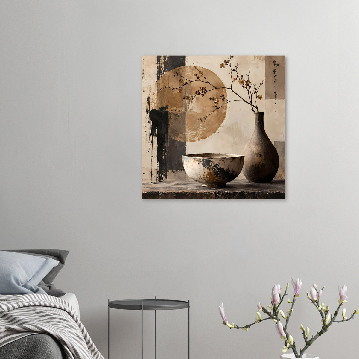 Stillleben-Poster im Querformat mit Vase und Schale, Äste mit Blüten in Erdtönen