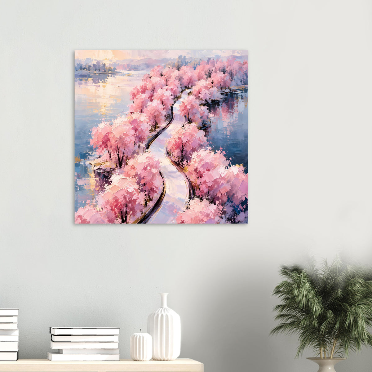 Quadratisches Poster mit rosa blühendem Baumweg und geschwungenem dunklem Pfad