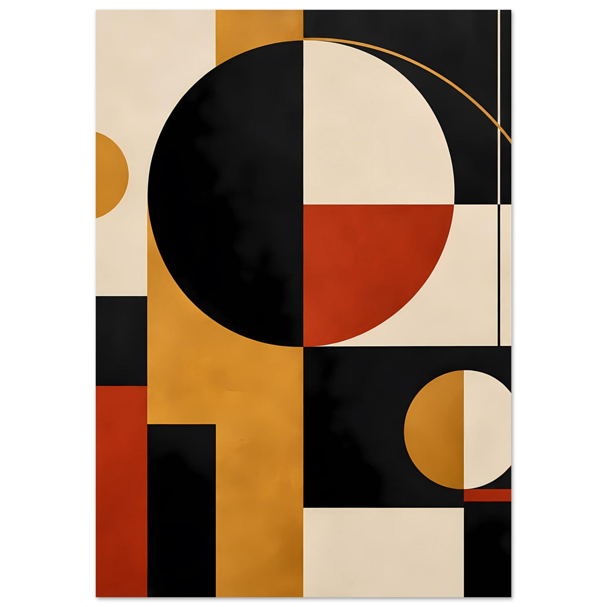 Geometrisches Poster im Ausschnitt mit großem Kreis, roter Halbfläche und feinen Linien rechts
