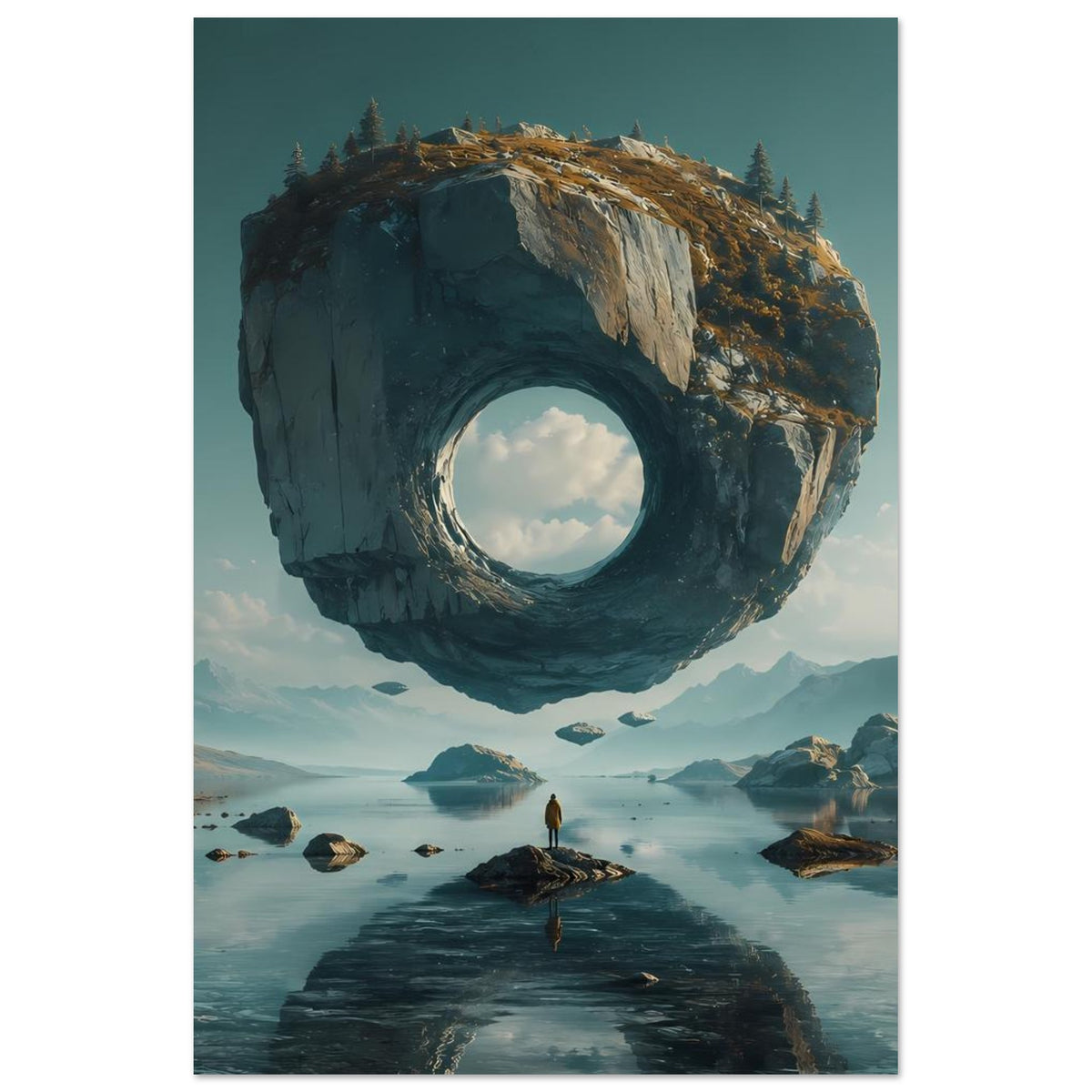 Vertikales surreales Poster mit schwebendem Felsring über blauem See, Felsloch und entfernte Berge