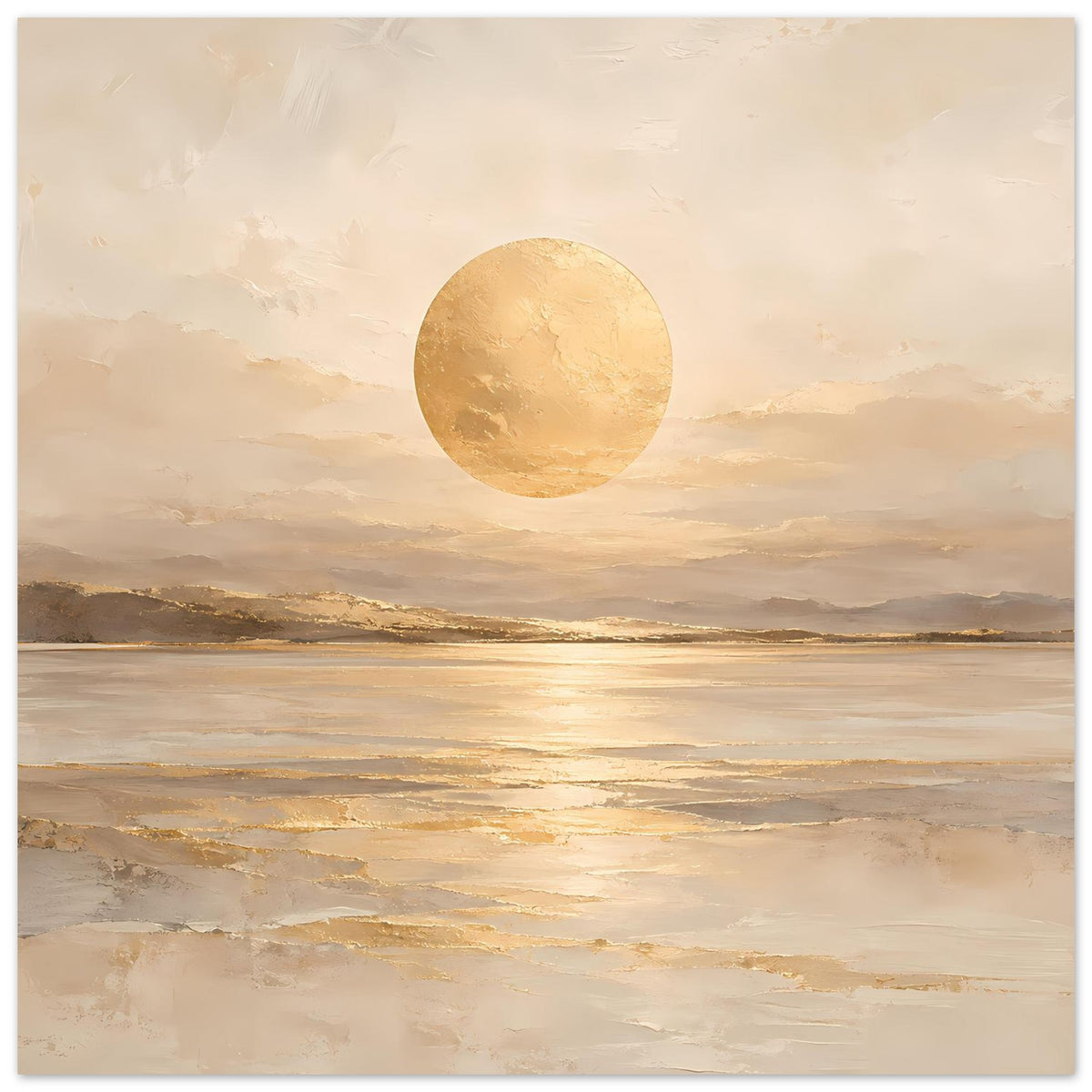 Kunstposter im Querformat: beige Landschaft, goldener Kreis über dem Horizont, ruhiges Wasser