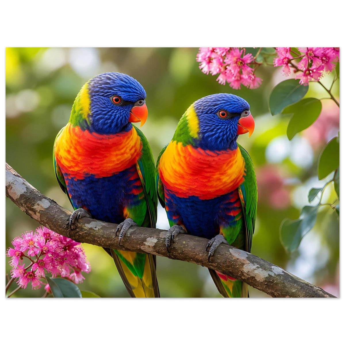 Poster mit zwei Regenbogenlori-Lorikeets auf Holzast zwischen rosa Blüten und Blättern