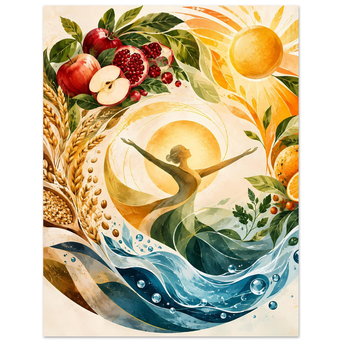 Poster im Hochformat mit Sonne über Wellen, Erntemotiven, Ähren und Frauensilhouette